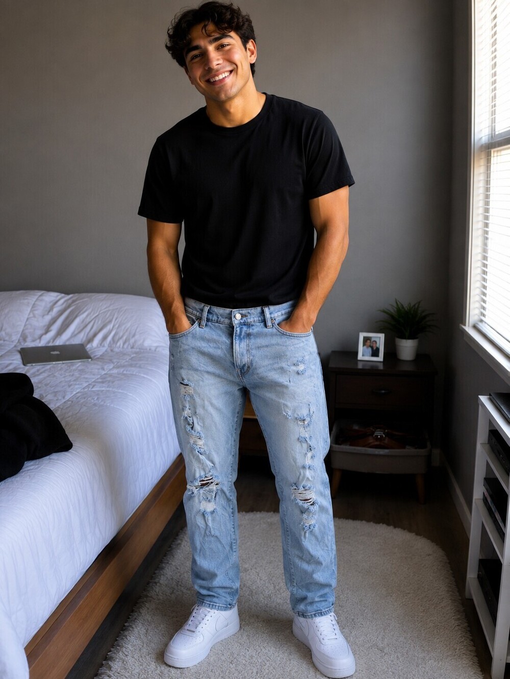 H&M Men's Blue Skinny Jeans with Distressed Detailing, 36 x 31